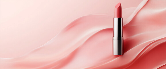 Close-up of a lipstick tube with a soft pink satin fabric background, symbolizing elegance, beauty, and luxury, perfect for beauty and cosmetics themes.