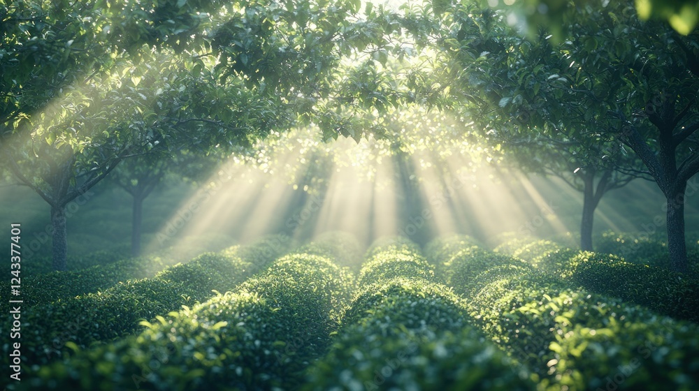 Poster sunlight filters through lush trees in a tranquil grove during early morning hours. generative ai