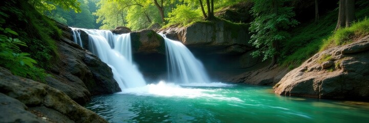 Obraz premium Emerald water cascades down rugged tree trunks, nature scenery, waterfalls