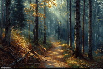 Sunlit Path Through Autumnal Forest Trees