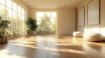 Obraz premium Atmospheric empty hall with soft daylight illuminating smooth wooden floors, neutral modern walls, and a calming aesthetic, 8K 3D render