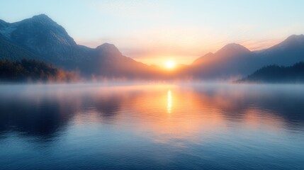Fototapeta premium Sunrise over tranquil lake surrounded by misty mountains and reflecting colorful skies. Generative AI
