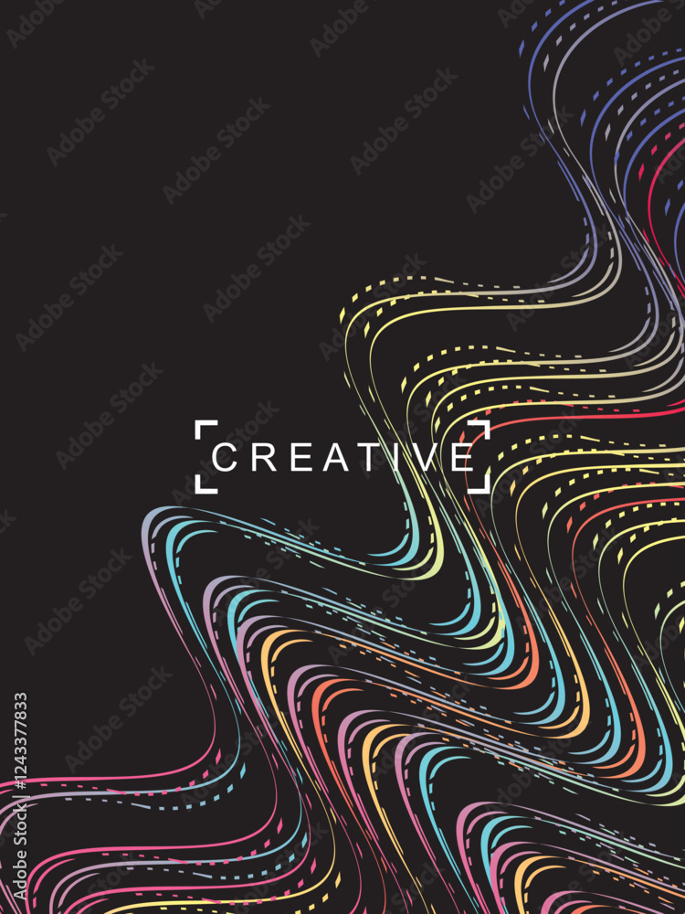Fototapete futuristic abstract technology shining rainbow light lines on modern line pattern black background. 