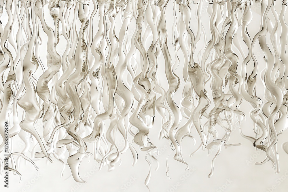 Poster abstract artwork featuring flowing, wavy strands in a translucent style, creating a sense of movemen
