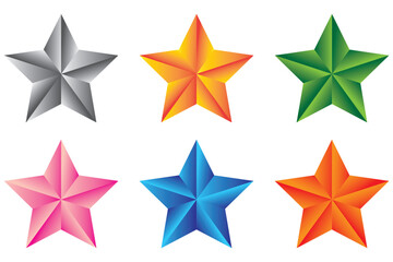 3d star, review icon, symbol. Set of colorful stars. Feedback icon, vector collection. Stars rating, positive review. Realistic stars and customer positive review icon. Vector illustration. 