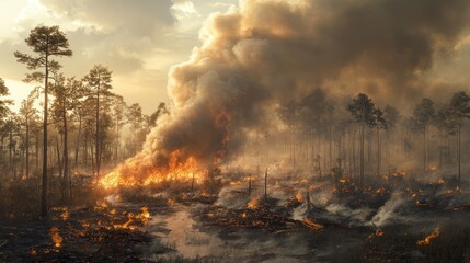 Wildfire spreads through forest, engulfing trees and generating heavy smoke at sunset. Generative AI