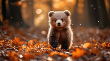 Adorable bear cub playfully running through a vibrant autumn forest filled with fallen leaves