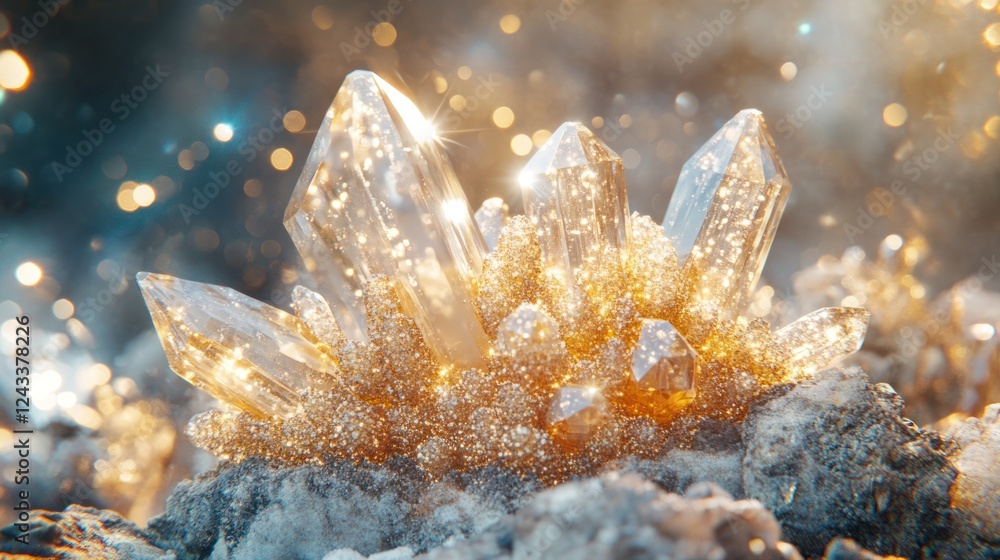 Poster glimmering quartz crystals sparkling under soft light in a mystical landscape at twilight. generativ