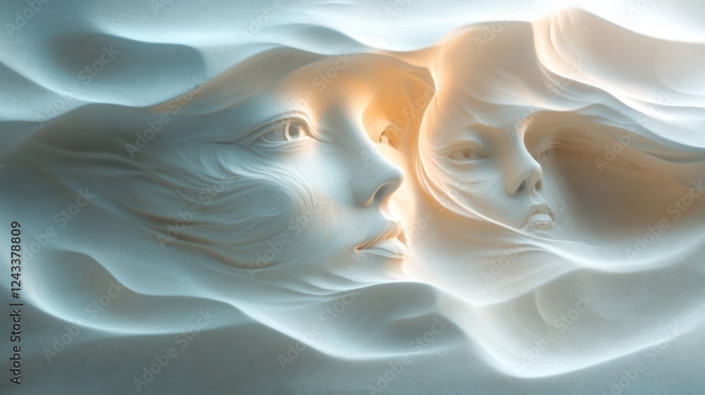 Poster unique sand sculptures of ethereal faces emerging from soft waves in a serene artistic display. gene