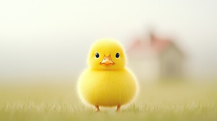 A cute, fluffy yellow duckling standing in a grassy field with a blurred house in the background