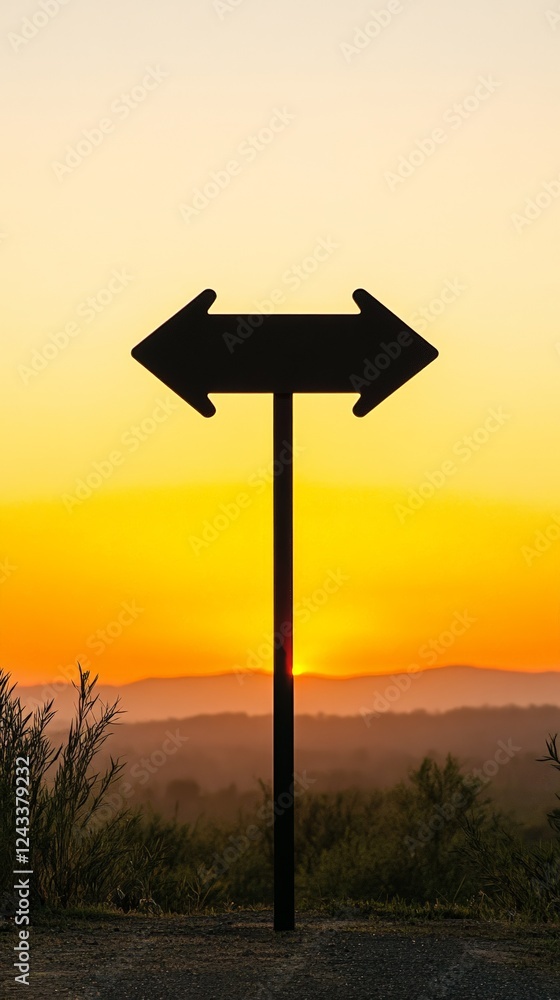 Poster double arrow sign pointing in two opposite directions at sunset with orange sky, symbolizing a diffi