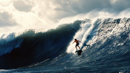 A surfer skillfully navigates a towering ocean wave under a moody sky, showcasing the thrill of surfing amidst nature's power.