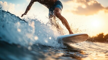 A surfer skillfully navigates a majestic wave in the ocean, illuminated by the vibrant colors of a stunning sunset backdrop.
