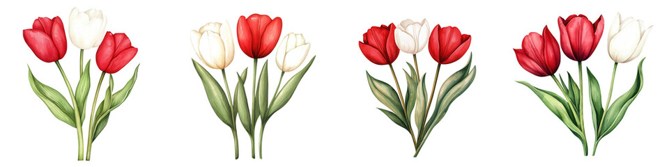 Naklejka premium Victoria element, Beautiful red and white tulips in various arrangements, perfect for decoration, isolated on transparent background.