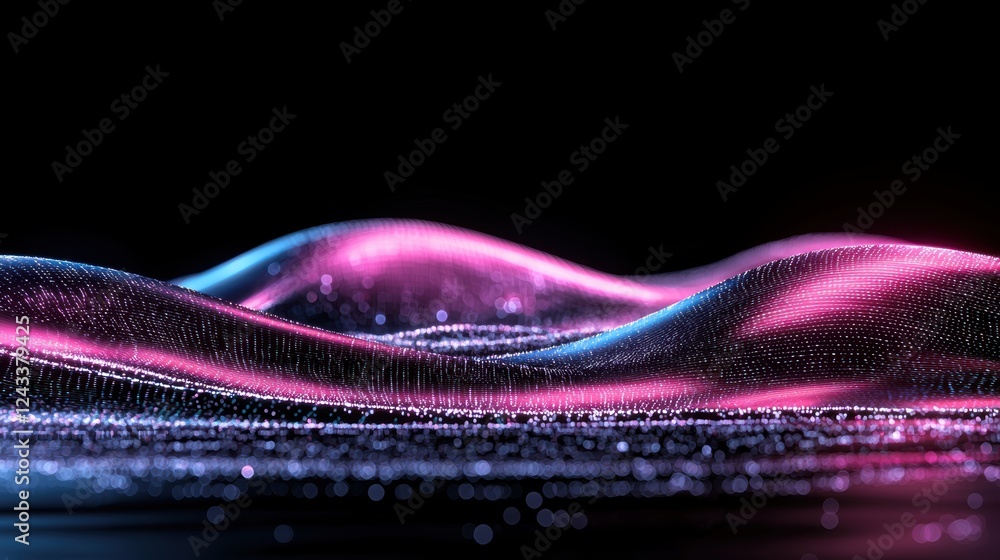 Poster futuristic abstract digital render with colorful waves and sparkling light effects
