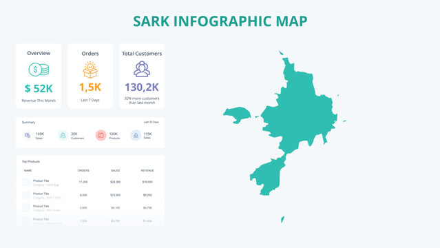 Business Growth Infographic Map of Sark. Orders, Customers, Sales Overview & product Infographic Map of Sark. Easy to edit