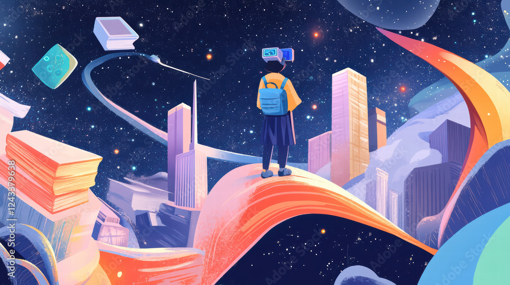 Aufkleber person using augmented reality in futuristic cityscape, surrounded by books and cosmic elements, exp