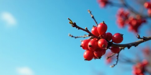 Fototapeta premium Rowan berries on a bare branch against the sky, blue sky, autumn