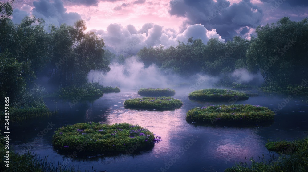 Poster ethereal view of hovering land patches over tranquil water with mist and clouds