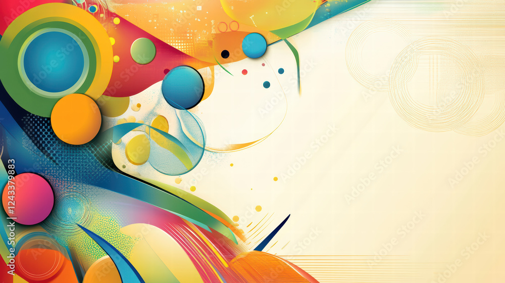 Poster colorful abstract design featuring playful shapes and vibrant curves, creating lively and dynamic co