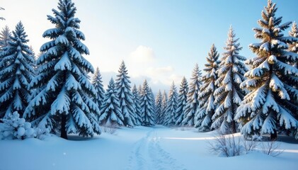 Serene snow-covered forest, towering pine trees, pine, peaceful