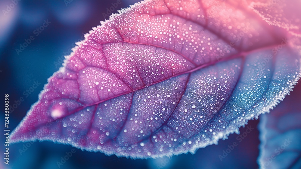 Poster close-up of dew drops on colorful leaf with soft background glow