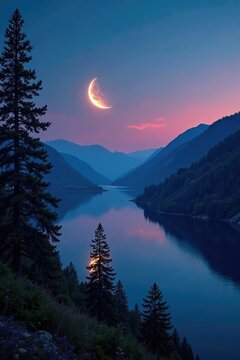 Silvery crescent moon casts gentle glow on hills around Yesa lake at dusk, trees, landscape, water