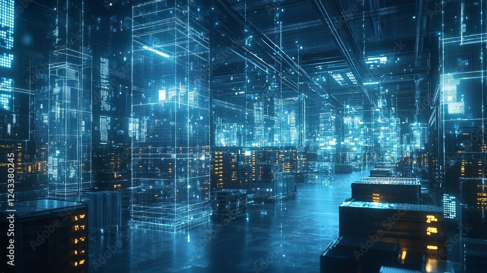 Poster futuristically designed data center with glowing digital elements