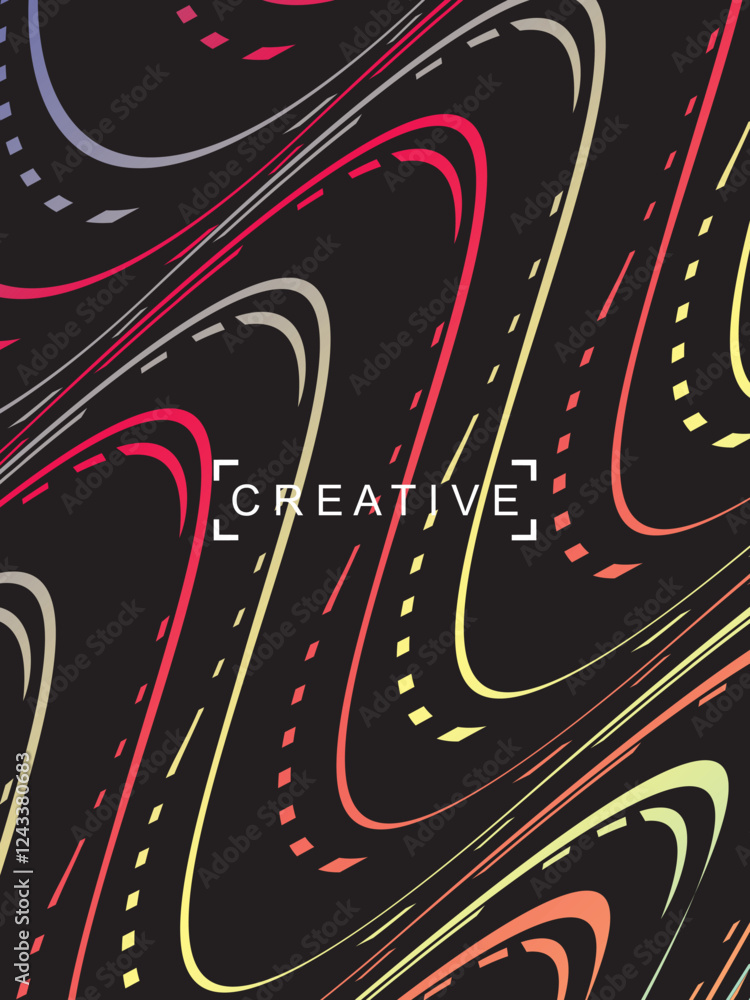 Fototapete futuristic abstract technology shining rainbow light lines on modern line pattern black background. 