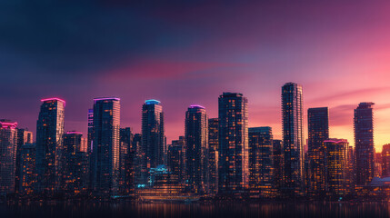 Obraz premium vibrant city skyline at dusk, showcasing modern skyscrapers illuminated by neon lights. colorful reflections on water create lively atmosphere