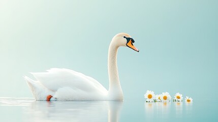 Elegant swan gliding through calm waters adorned with daisies under a serene sky