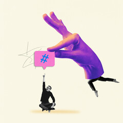 Giant hand with hashtag and seated man, symbolizing digital trends, social media collaboration, and...