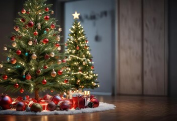 Spruce Christmas tree with ornaments and lights, holly, fairy lights, berries