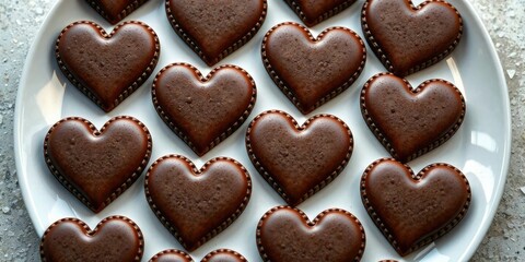 Plate of heart-shaped chocolate cookies arranged in a pattern, bakery fresh, culinary art, arranged cookies