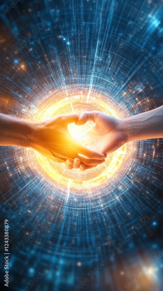 Poster digital unity: a symbolic handshake amidst a vibrant digital vortex, representing connection, collab