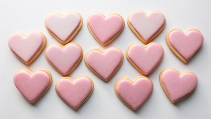 Obraz premium A Dozen Delicate Pink Heart-Shaped Sugar Cookies Arranged on a White Background