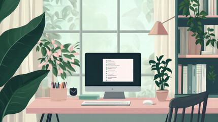 serene home office setup featuring e learning materials, plants, and computer. calming atmosphere promotes productivity and creativity in cozy workspace