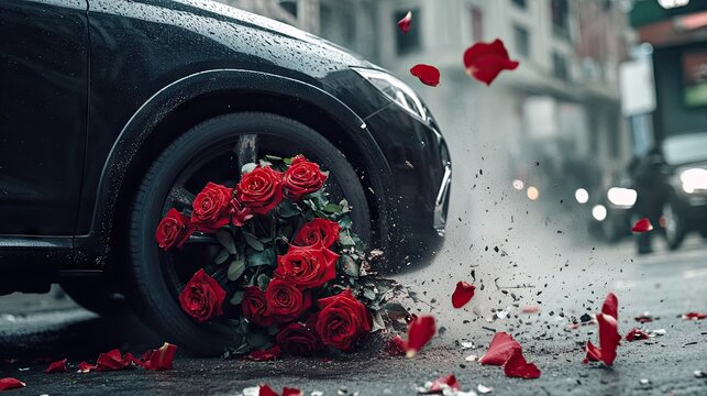 A black SUV wheel crushing a bouquet of roses on a dusty road, torn petals flying.