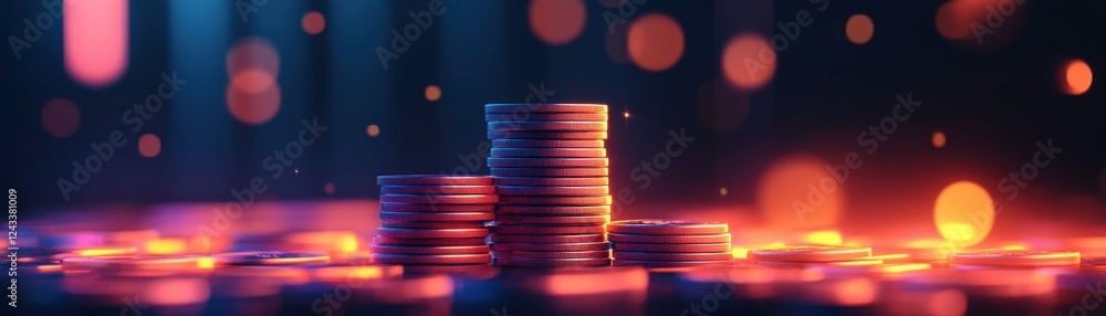 Poster a vibrant arrangement of coins stacked, illuminated by colorful lights, creating a dynamic and capti