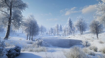 A serene snowy landscape featuring a winding river and bare trees, creating a tranquil winter scene in the foreground.