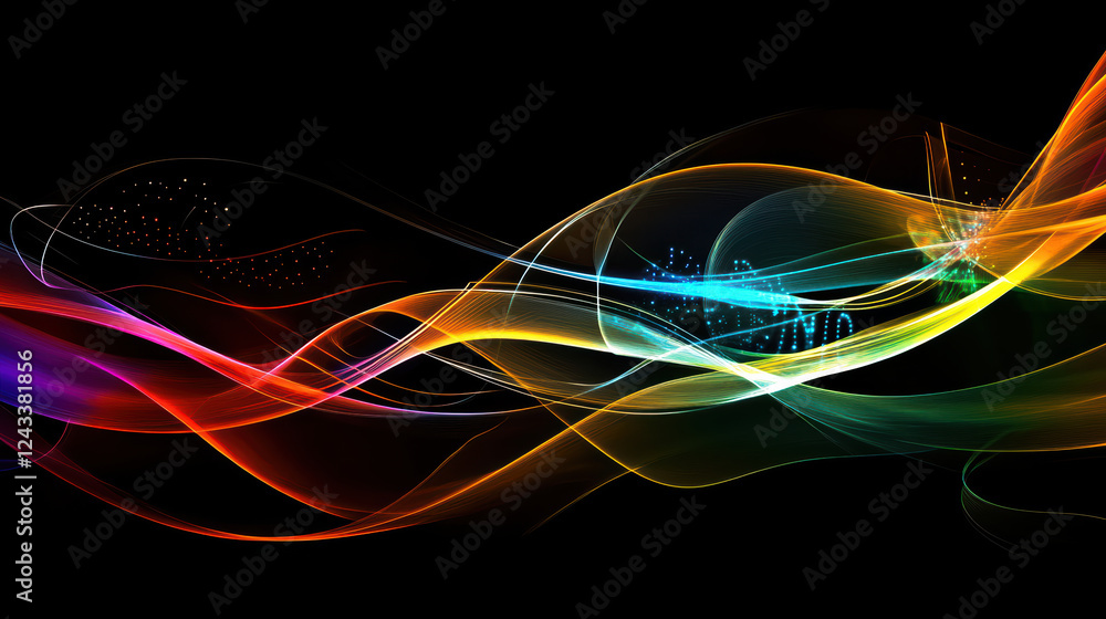 Poster vibrant abstract design featuring flowing lines and colors on black background, creating dynamic and