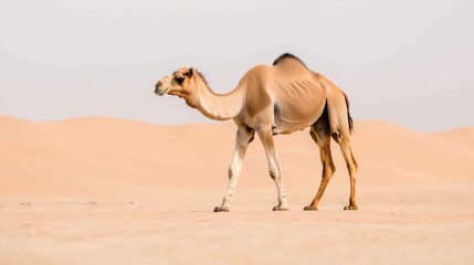 Desert camel walking, sand dunes background, travel photography