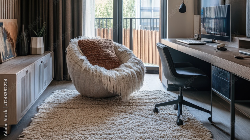 Aufkleber cozy workspace featuring a soft upholstered chair and modern desk with natural light streaming throu