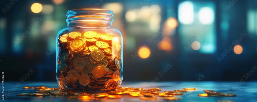 Poster a glowing jar filled with coins, illuminated in a soft background, creating a warm and inviting atmo
