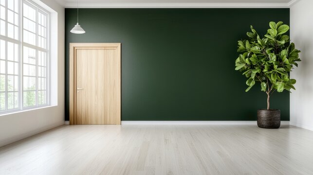 Empty room, green wall, wood floor, large plant, window