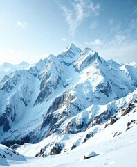 Obraz premium Rocky mountain range covered in thick layer of snow, rocky mountains, rugged terrain, winter wonderland