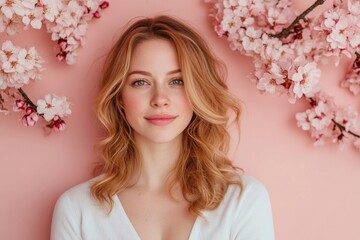Naklejka premium Pretty Woman with Spring Blossoms