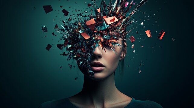 Surreal image of a woman exploding head, representing information overload, stress, burnout, mental health issues, and the challenges of modern life