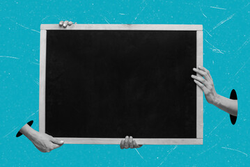 Modern art collage picture of hands holding a school blackboard or drawing tablet on a blue background.
