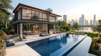 Fototapeta premium High-end black steel residence with seamless indoor-outdoor integration, minimalist landscaping, and a polished industrial look, 8K 3D render